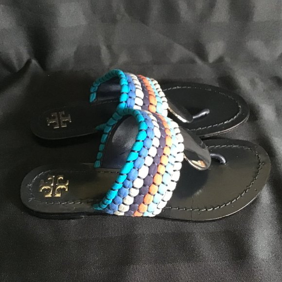 Tory Burch Women's Patos Sport Blue Silver Disk Thong Sandals Flip Flops Size 6 - Picture 2 of 8